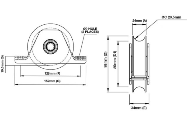 98mm Recessed Gate Track Wheel (GTR005) - Image 2